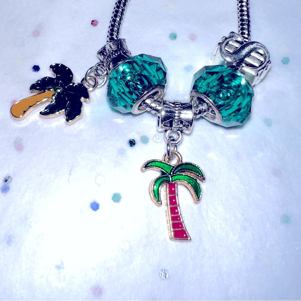 KIDS CHARM BRACELET PALM TREES GREEN BEADS & $$